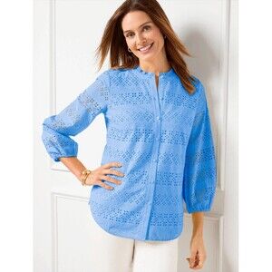 Talbots Top Blue Eyelet Button Front Blouse Long Sleeve Cotton Medium READ